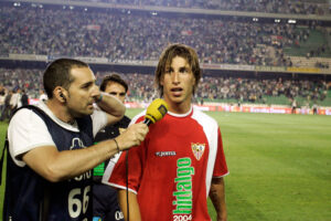 Sevilla FC international defender Sergio Ramos being interviewed