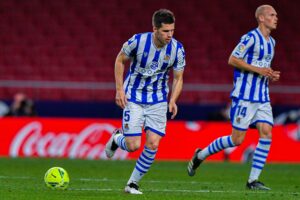 MADRID, SPAIN - MAY 12: Igor Zubeldia of Real Sociedad celebrates after his teams first goal during the La Liga Santander match between Atletico Madri