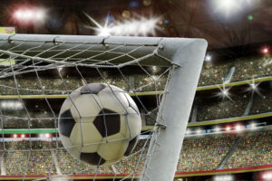 Soccer stadium, net, soccer ball, goal, grand stand