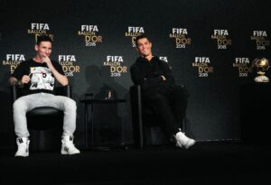 Zurich, Switzerland. 11th Jan, 2016. The three finalists for the FIFA Ballon DOR 2015 (R-L) CRISTIANO RONALDO (Portugal) and LIONEL MESSI (Argentina) during the press conference at Kongresshaus in Zurich. Credit: Marcio Machado/ZUMA Wire/Alamy Live News