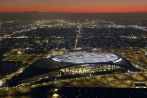 An aerial view of SoFi Stadium, Tuesday, Sept. 14, 2021, in Inglewood, Calif. The stadium is the home of the Los Angeles Chargers and the Los Angeles