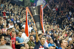 Belgrade, Serbia. 23rd February, 2017. Fun of Crvena Zvezda mts Belgrade mts Belgrade in action with the trophy during the 2016/2017 Turkish Airlines EuroLeague Regular Season Round 23 game between Crvena Zvezda MTS Belgrade and Galatasaray Odeabank Istan