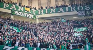 Panathinaikos supporters wave flags during the Euroleague Basketball match between Panathinaikos and CSKA Moscow at Olympic Indoor Hall. (Final Score: Panathinaikos BC 96 - 84 CSKA Moscow)