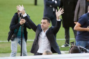 Barcelona, Spain. 8th Nov, 2021. Xavi Hernandez (Barcelona) Football/Soccer : Xavi responds to the cheers during "Presentation FC Barcelona's New Head Coach Xavi Hernandez" at the Camp Nou in Barcelona, Spain . Credit: Mutsu Kawamori/AFLO/Alamy Live News