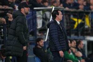 Villarreal CF head coach Unai Emery and Liverpool head coach Jurgen Kloop during the UEFA Champions League match between Villarreal CF v Liverpool FC played at La Ceramica Stadium on May 3, 2021 in Villarreal, Spain. (Photo by Colas Buera / PRESSINPHOTO)