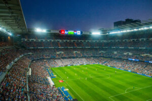 Football match. Santiago Bernabeu stadium, Madrid, Spain.