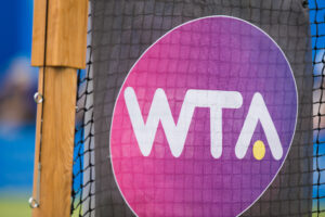 The WTA logo on a tennis net at the Aegon International tournament in Eastbourne