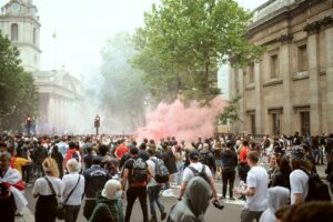 Supporters gathering just before the Euro 2020 Final England vs. Italy. Trafalgar Square, London, UK. 11 July, 2021