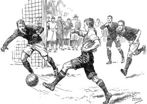 Drawing of a fictional English football match with player scoring a goal